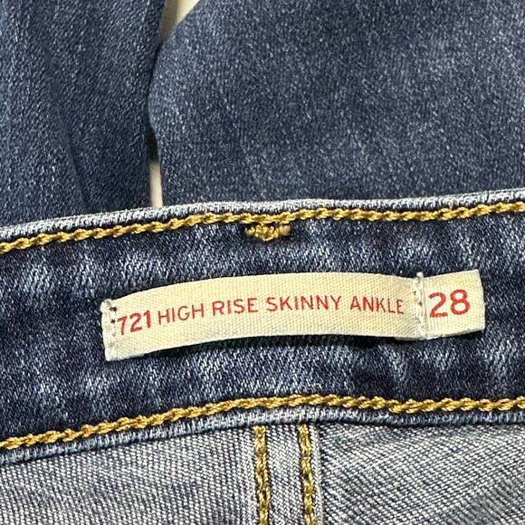 Levis 721 High Rise Skinny Jeans Women Size 28 Dark Wash Blue Denim STAIN - Picture 7 of 7